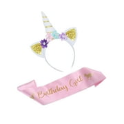 LaRibbons Unicorn Birthday Girl Set of White Unicorn Headband and Pink Satin Sash Birthday Party Supplies Favors Decorations