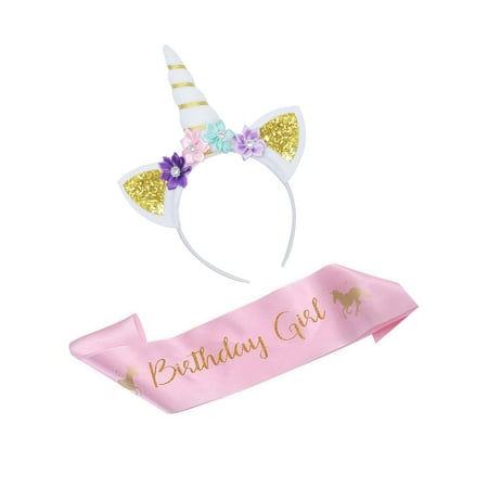 LaRibbons Unicorn Birthday Girl Set of White Unicorn Headband and Pink Satin Sash Birthday Party Supplies Favors Decorations