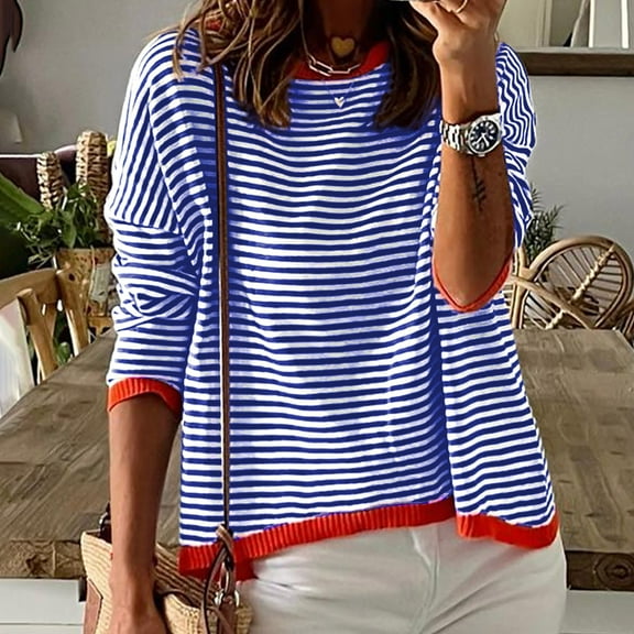 Baqcunre Women's Sweaters Women's Knitted Sweater Stripe Contrast Color Design Drop Shoulder Long Sleeve Pullover Casual Crewneck Sweatshirts Fall Outfits Women Trendy Blue 1 L