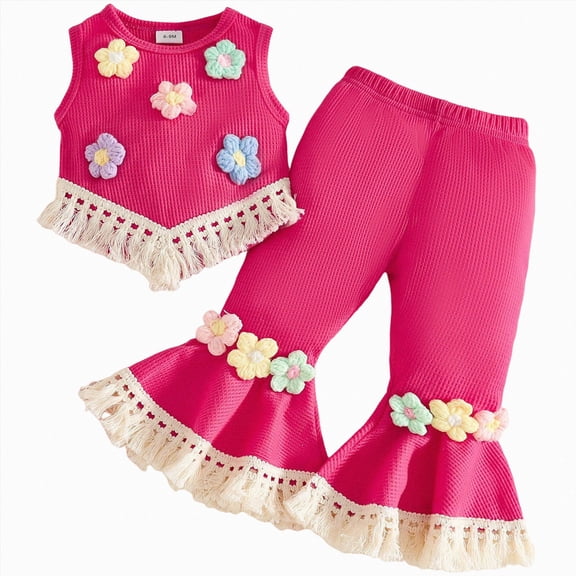 Toddler Baby Girl Outfits Summer Clothes Set Crochet Flower Fringe Sleeveless Top and Bell Bottom Pants Set Casual Toddler Outfit 6-9 Months