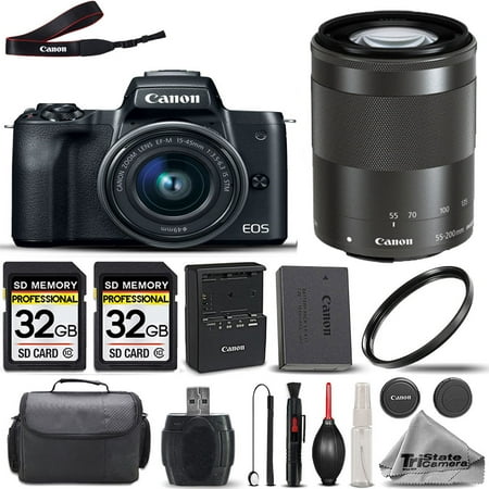 Canon EOS M50 II SLR Camera + EF-M 15-45mm Lens + EF-M 55-200mm Lens + 2 Of 32GB Class 10 SDHC Flash Memory Card + 58mm UV Protection Filter- All Original Accessories Included - International Version