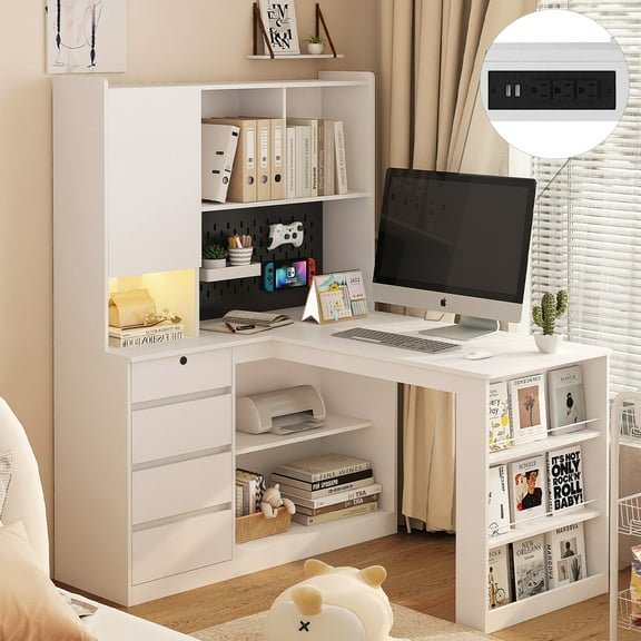 GZXS L-Shaped Computer Desk with Charging Station, LED Light, Pegboard, 4 Drawers & Open Shelves - 56" Modern Corner Desk for Home Office, Study, Work, White