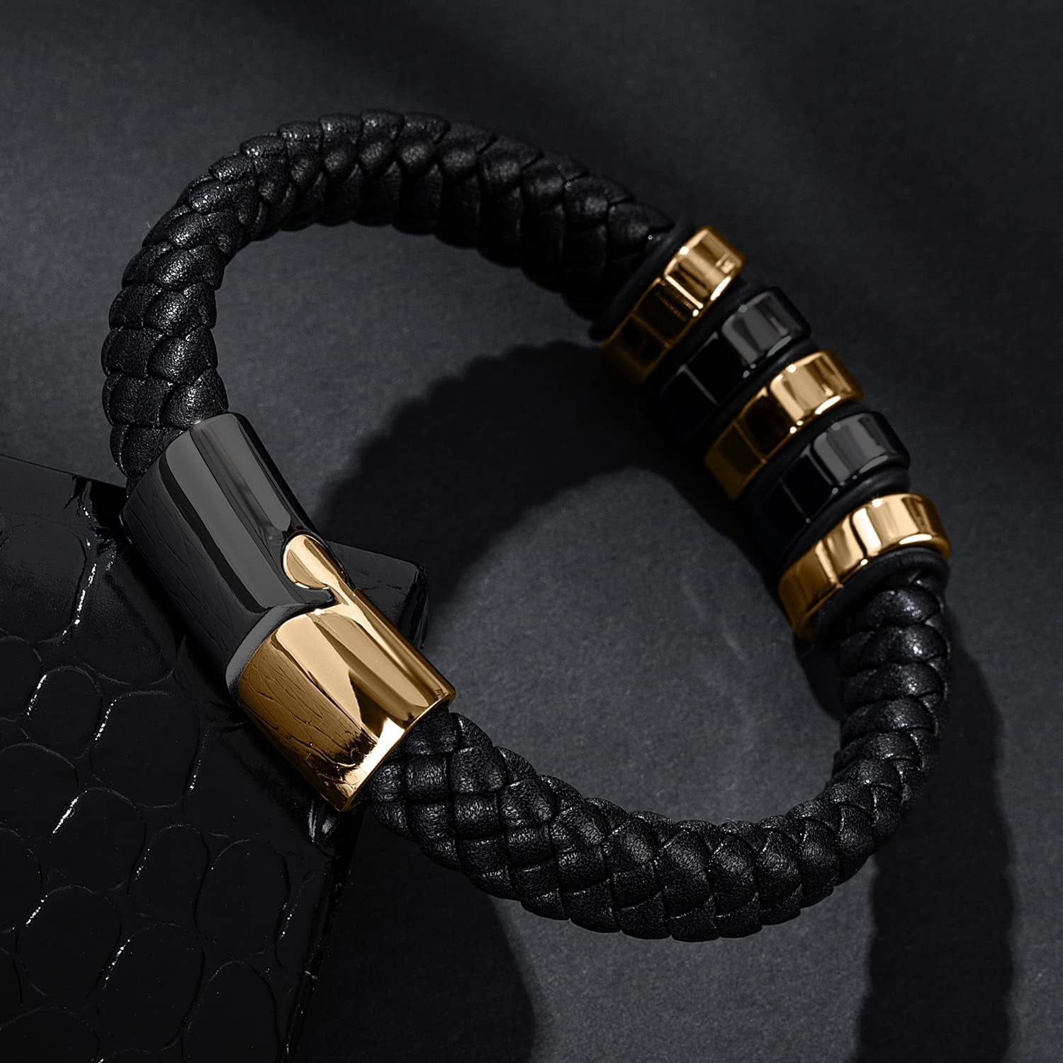 Leather Bracelet for Men Braided Cuff Wristband Stainless Steel Clasp in Silver and Gold Jewellery Gift