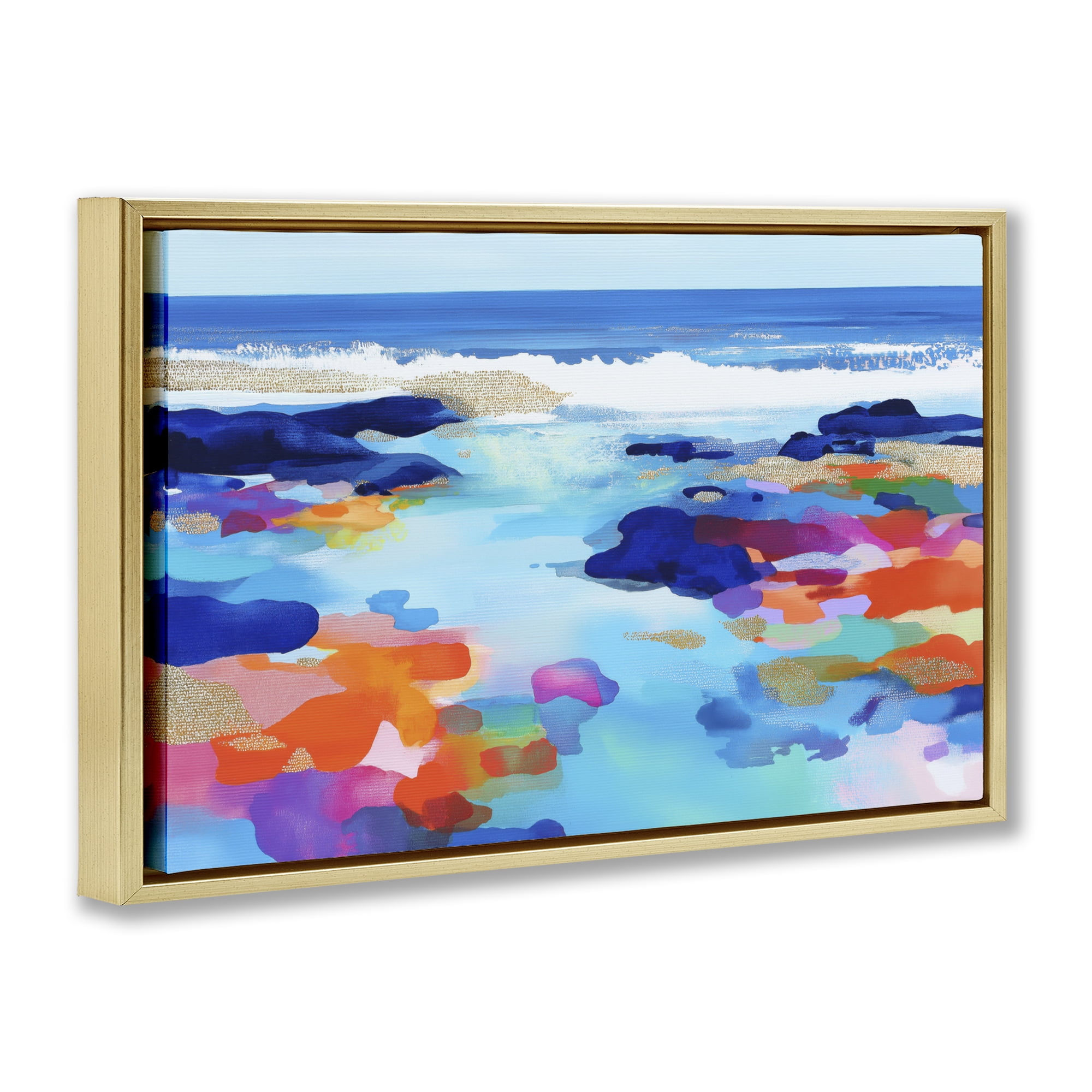 Stupell Industries Coastal Pools Overlay Abstraction Gold Framed Floater Canvas Wall Art, design by Chromatic Storm Studio