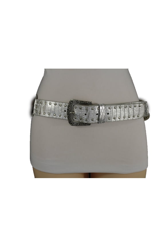Fun Women Belt Silver Faux Leather Faux Leather Western Buckle Ethnic Charms M L