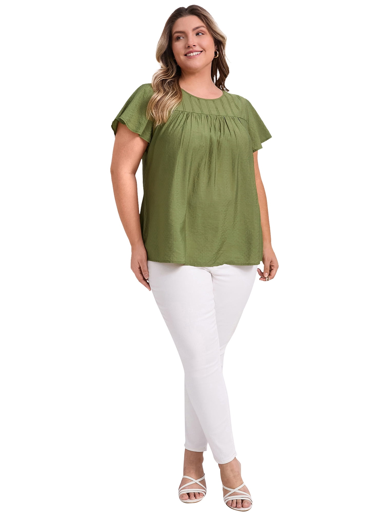 DARING DIVA Women's Plus Crew Neck Ruffle Casual Blouse 1X Olive Green