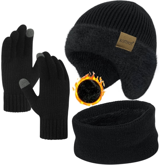 KOITHOT 3 Pcs Winter Beanie Hat with Ear Flaps Knitted Neck Warmer Touchscreen Gloves Set for Men Black
