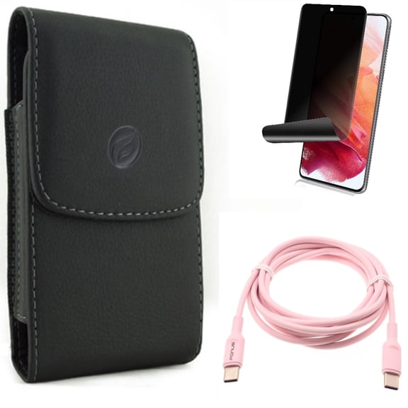 Privacy Screen Protector & Pink 6ft Long Cable & Case Belt Clip for Samsung Galaxy S22 (6.1") - TPU Film Fingerprint Works & USB-C to Type-C PD Fast Charger & Leather Holster Accessory Bundle