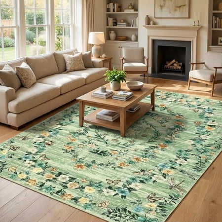 5x7 Area Rugs for Living Room Washable Rug Floral Print Rug for Bedroom Modern Throw Rugs Stain Resistant Throw Carpet Low Pile Floor Cover for Office Dining Room Nursery，Green