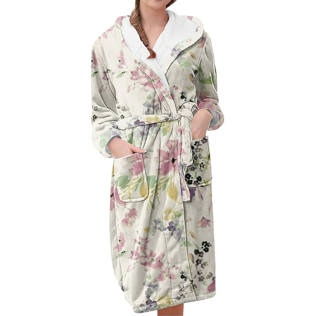 Women's Fleece Plush Robe Long Warm Plush Bathrobe Loungewear Jacket Printed Comfort Robe