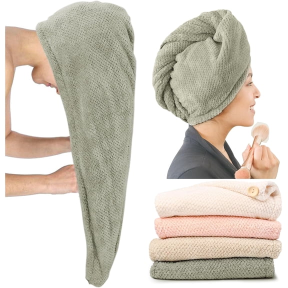 Extra Large 4 Pack Microfiber Hair Towel Wrap for Women Super Absorbent & Quick Dry Hair Drying Towels with Button, Hair Turbans for Curly Hair Long & Short Hair - Anti-Frizz
