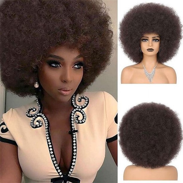 Zhuge Peluca afro suave de los años 70 para mujeres Pelucas de cabello afro rizado con flequillo Peluca afro de cabello sintético Peluca afro para uso diario en fiestas, Marrón negro