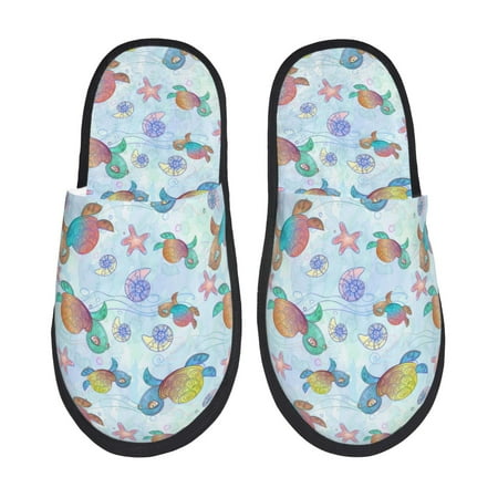 Balery Colorful Sea Turtle Slient Indoor Furry Fleece Comfort House Shoes Soft Non-Slip Home Shoes Cotton slippers House Slippers-- Medium