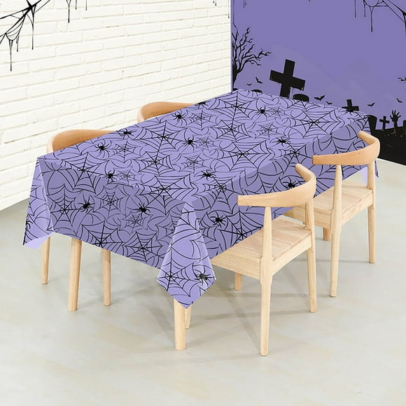 Halloween Disposable Spider Pattern Tablecloth | Plastic Party Table Cover White Orange Purple | Horror Decor for Halloween Parties | Easy Cleanup | Outdoor Indoor Use