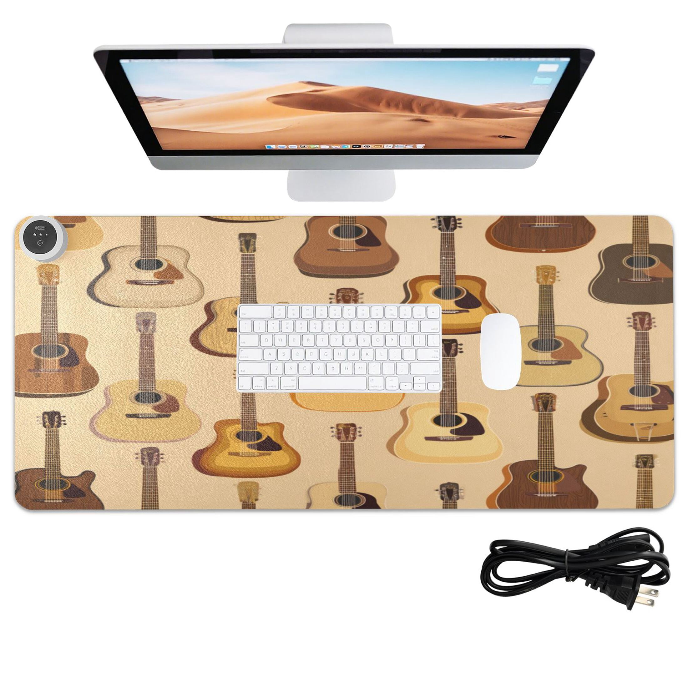 Large Heated Desk Mat Mouse Pad 31.5"x13"PU Leather Graphene Heating Desk Warmer with 3 Temperature Settings 110V US Plug Non-Slip Warm Pad for Home, Office, and Gaming Warm Acoustic Guitar Pattern