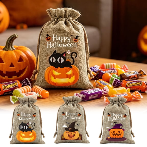 AZXY Halloween Drawstring Gift Bags Texture Pumpkin Print Candy Treat Pouches, Reusable Portable Multipurpose Goodie Sacks for Halloween Party Favors & Holiday Decor Storage