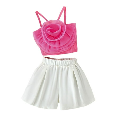 

Kids Girls Summer Solid Color Suspender Sleeveless Floral T Shirt Tops and Shorts 2PCS Outfits Clothes Set Children s Clothing Headband Set Baby and Blanket Baby Outfits for Girls Little Girl Outfits