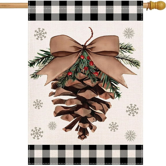 Christmas Flags 28 X 40 Double Sided, Winter House Flag, Farmhouse Christmas Flags for Outside Black and White Buffalo Plaid, Large Holiday Outdoor Flags, Pinecone Decorative Flags Rustic