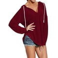 thumbnail image 3 of Xuanfei Women V Neck Long Sleeve Curve Hem Drawstring Hoodie, 3 of 7
