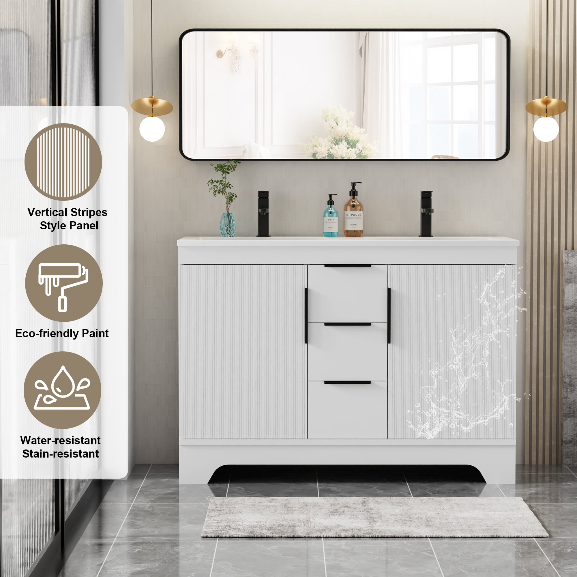 Eclife 48-inch Double Sink Bathroom Vanity with Integrated Tops, Soft-Close Hinges, Fluted Door Design, Mid-Century Modern