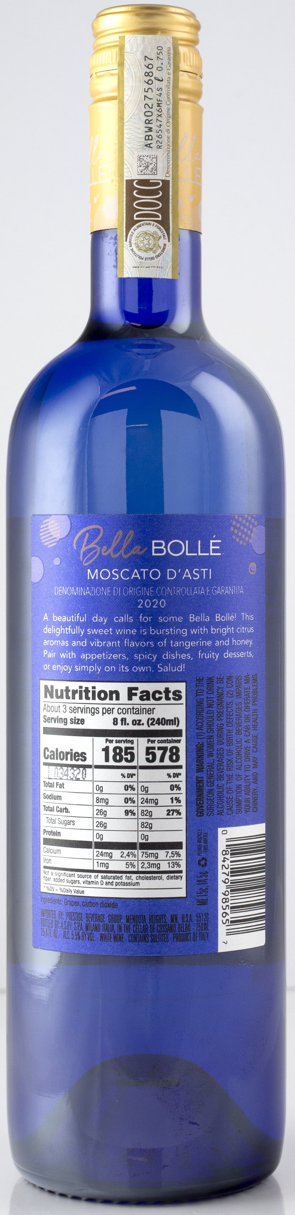 Bella Bolle Moscato Wine, d'Asti, Italy, 5.5% ABV, 750ml Glass Bottle, 25.4 fl oz