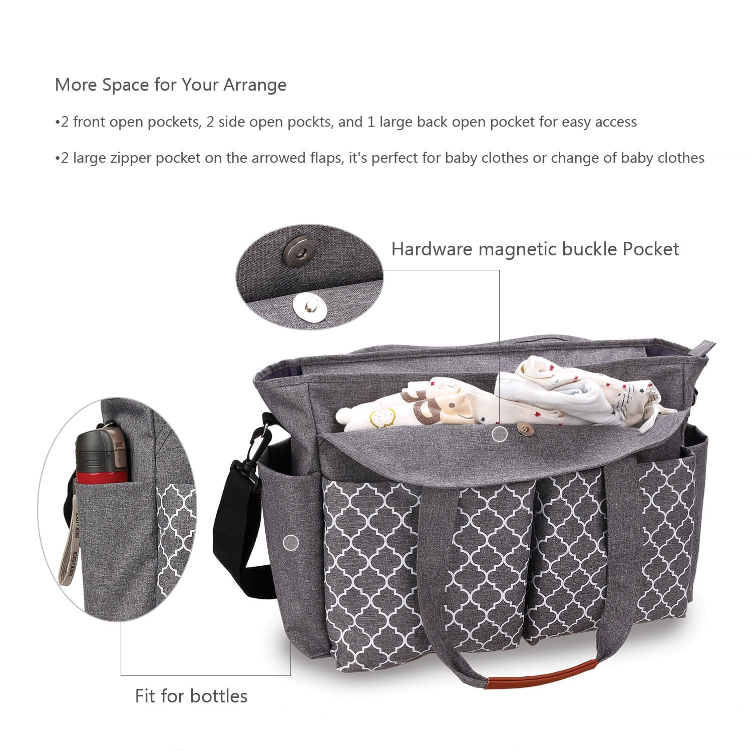 Baby Travel Diaper Bag Tote Gray with Pacifier Holder Adjustable Strap Insulated Pockets