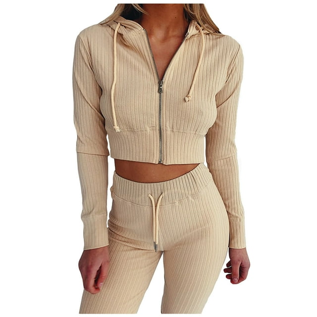 Mujeres Sexy Casual Cuello en V Sólido Deportes Manga completa Cremallera Pantalones con capucha Traje Fridja hfkajh99931