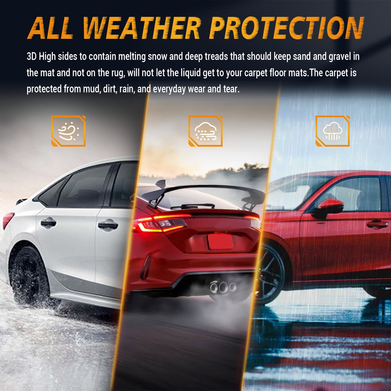 All-Weather Car Floor , Heavy Duty Rubber Liners, Front and Second Set of 3, Black-Car Floor Mats, All-Weather