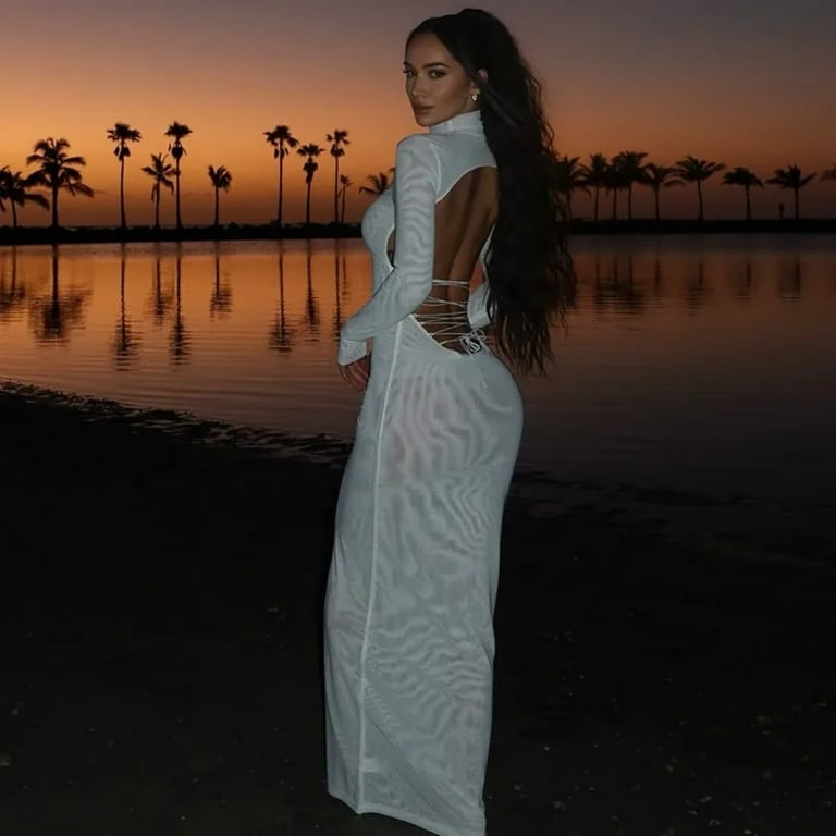 Women's Stand Collar Long Sleeve Lace-up & Backless Long Dress, Hips  Wrapped, Gauze Spliced, Solid Color, Sexy
