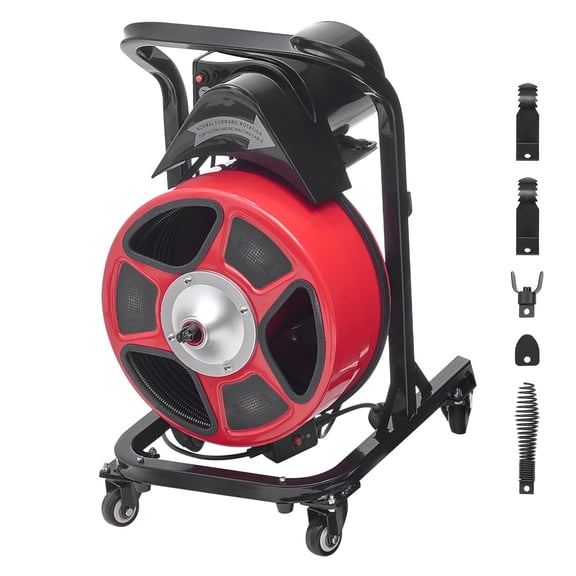 KFFKFF Drain Cleaning Machine 50 FT x 1/2 Inch, Manual Feed Sewer Auger with Wheels - Includes 4 Cutters & Foot-Activated Switch for 2" to 6" Pipes