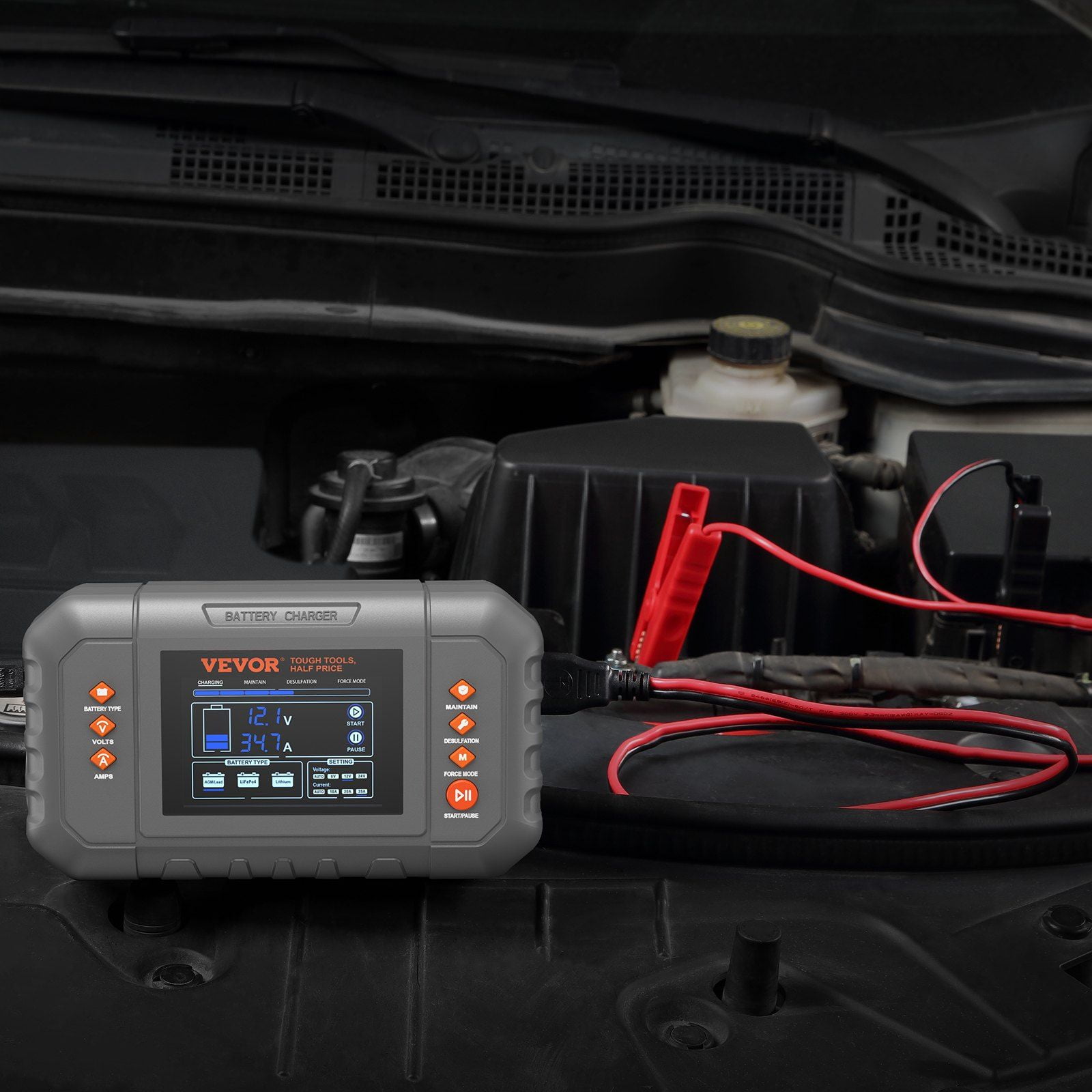 35-Amp Smart Battery Charger - 6V/12V/24V for Lithium/LiFePO4/Lead-Acid - LCD Display with 4 Modes (Charge/Maintain/Desulfate/Supply) - for Cars, Boats, Lawn Mowers