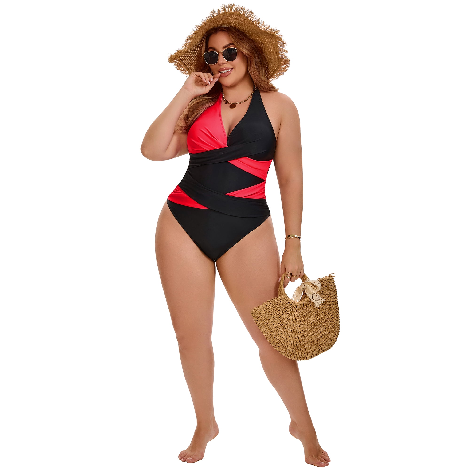 DARING DIVA Women's Plus Halter Criss Cross Backless 1 Piece Bathing Suit L Red