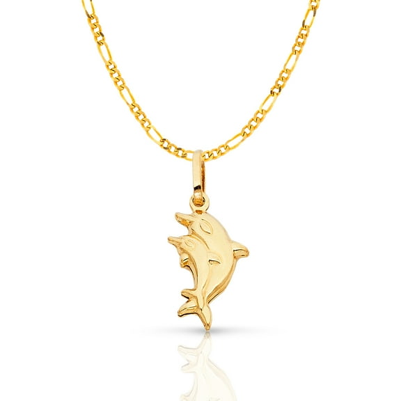 14K Yellow Gold Double Dolphin Prosperity Charm Pendant with 1.9mm Figaro 3 1 Chain Necklace