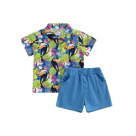 

Toddler Baby Boy Cartoon Print Short Sleeve Button Down Shirt Casual Shorts Set Summer Outfits 1-6 Years Clothes