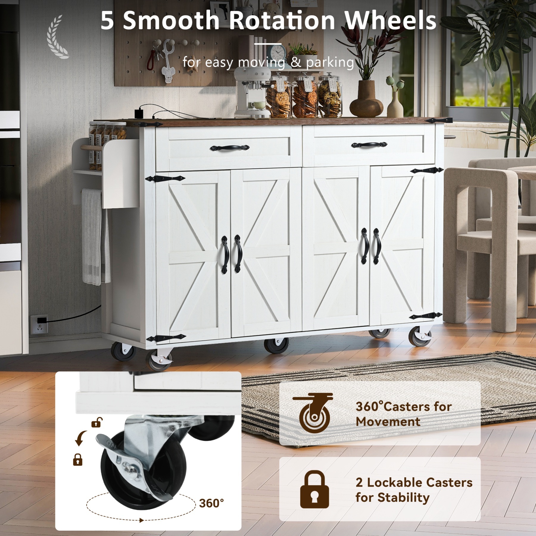 Alvantor 53.5'' Kitchen Island Carts with Drop Leaf & Power Outlet, Farmhouse Storage Cabinet with Spice Rack for Dining Room Living Room White