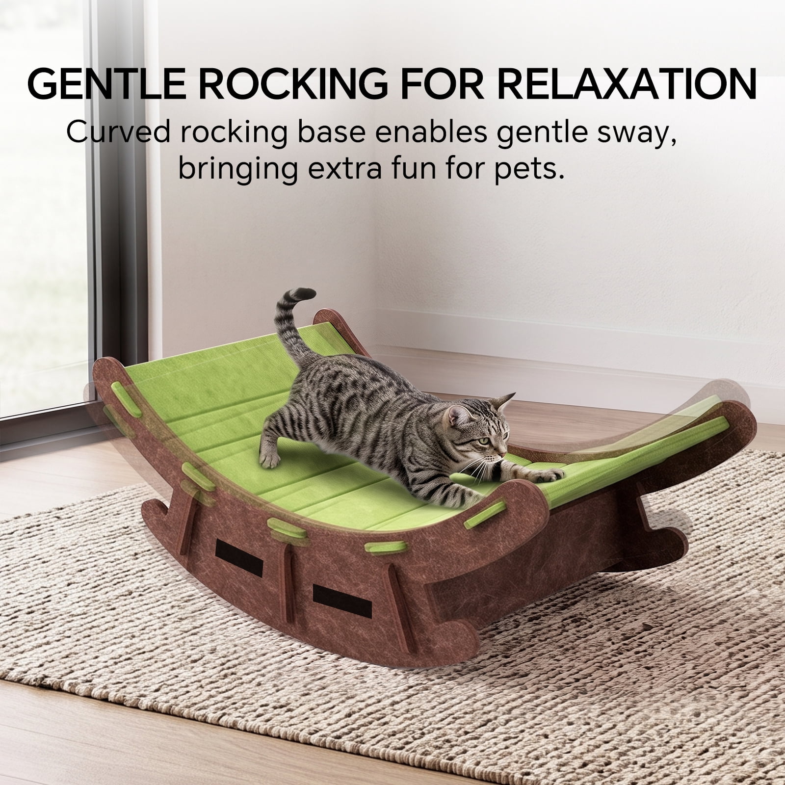 2‑in‑1 Felt Cat Rocking Bed, Foldable Cat Recliner Scratcher, Wear‑Resistant Curved Cat Scratch Post, Spacious All‑Season Cat Rocking Nest for Indoor Cats, Green 57*40*24cm