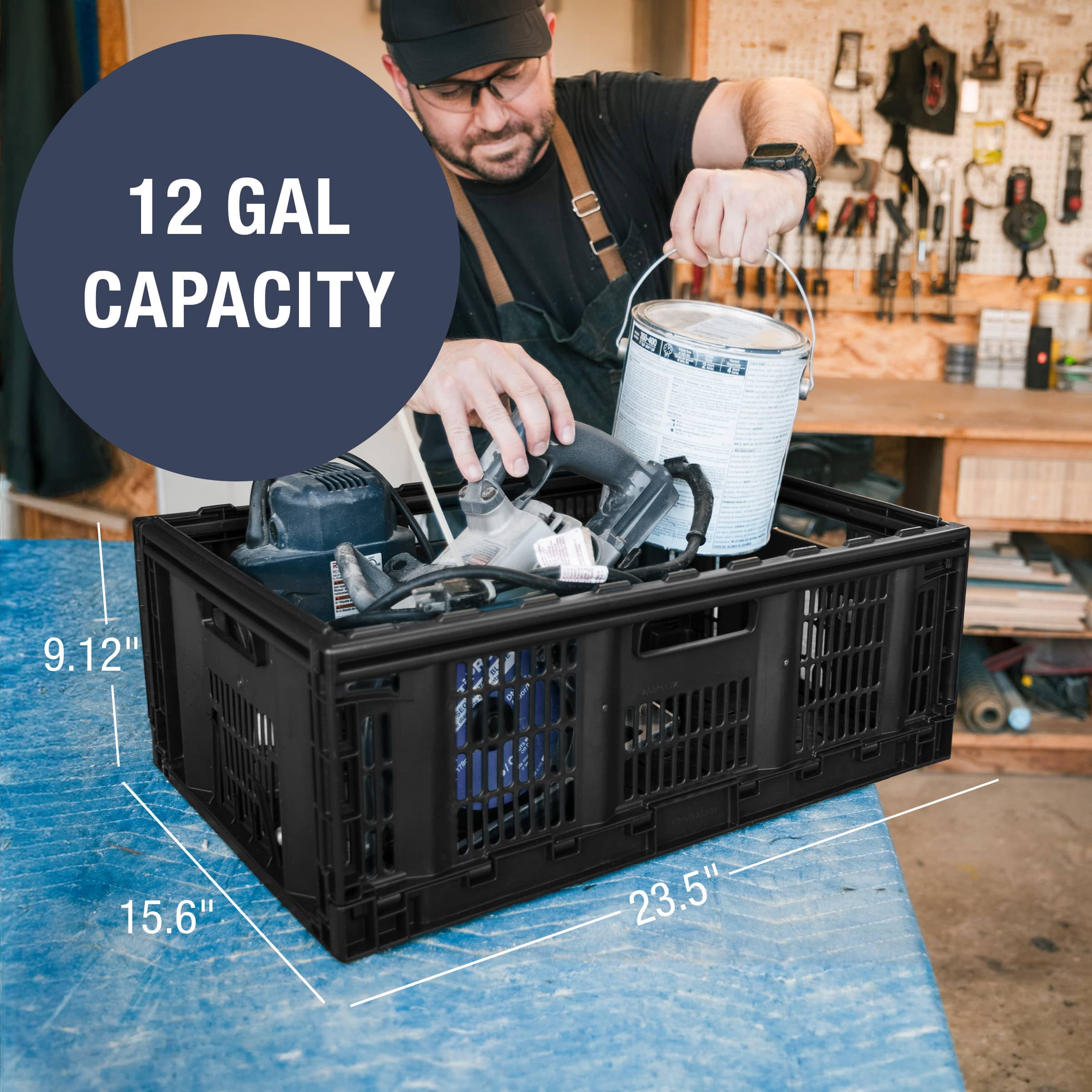 CleverMade 46L Pro-Grade Collapsible Storage Crate, Heavy Duty Storage Bin - Black