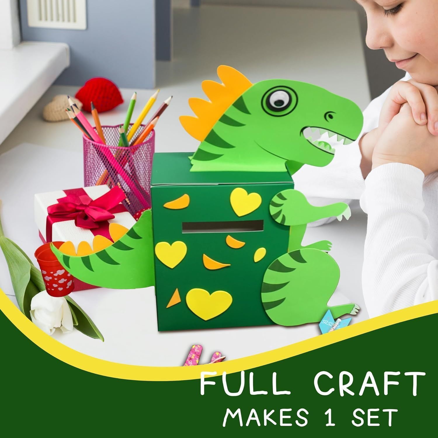4E’s Novelty DIY Dinosaur Valentine Card Box Craft Kit Classroom Valentine Party Activity for Kids