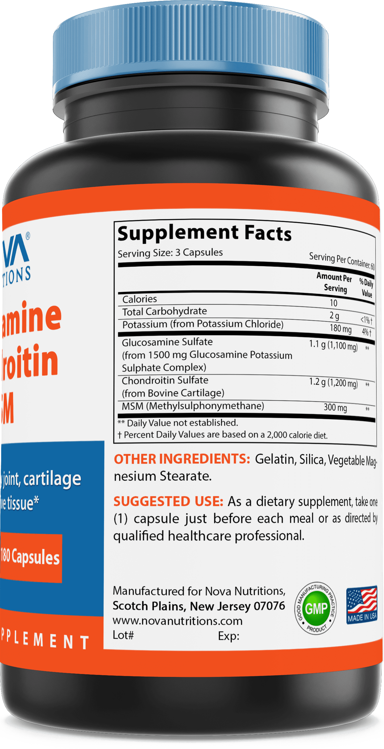 Nova Nutritions Triple Strength Glucosamine Chondroitin MSM 2600mg/Serving Capsules, Supports Healthy Joint, Cartilage and Connective Tissue - Promotes Joint Comfort & Flexibility 180 Count