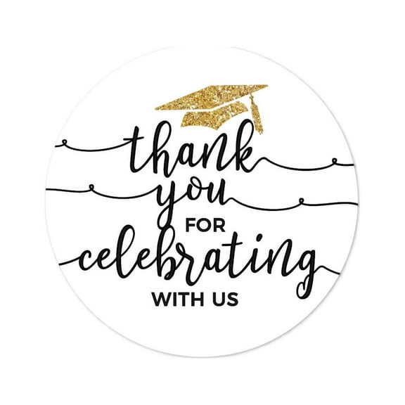 White and Gold Glittering Graduation, Round Circle Label Stickers, Thank You for Celebrating with Us, 40-Pac
