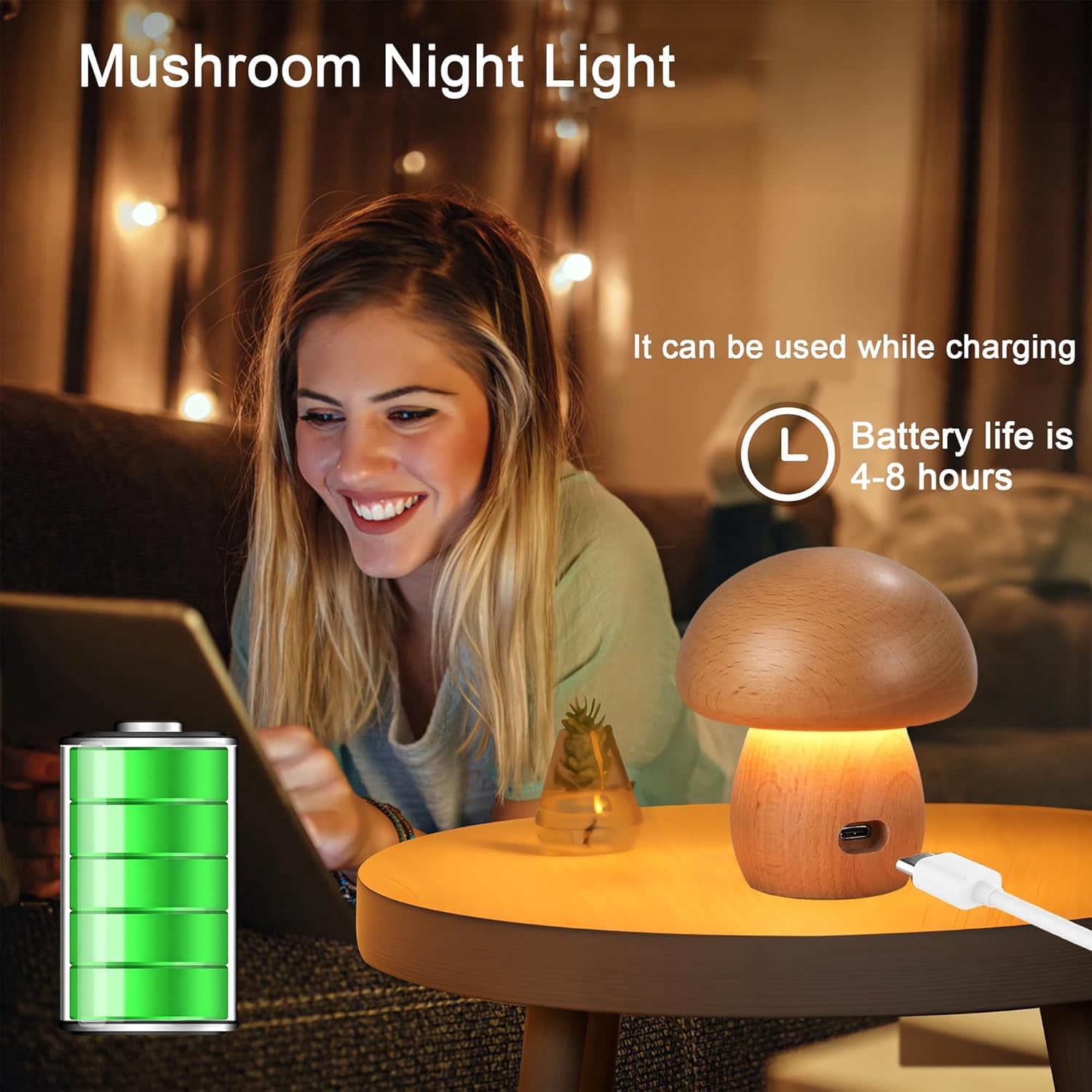 Mushroom Lamp Mushroom Decor:Mushroom Night Light 3 Colors Adjustable Brightness,Wooden Mushroom Light for Bedroom, Living Room and Office Decoration,Rechargeable (A)