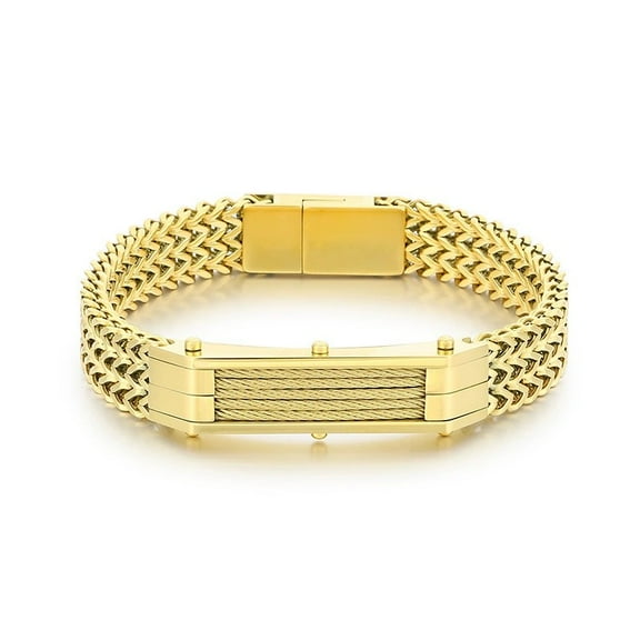 Luxury Golden Rainbow 14K Yellow Gold Bracelet for Men With Magnet Clasp 12MM Width 3 Layer Square Franco Chain Bracelets