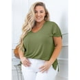 thumbnail image 4 of SHOWMALL Women Plus Size Tops Short Sleeve Tunic Side Slit Shirt Summer V-Neck Blouse Army Green 4X Tops, 4 of 7
