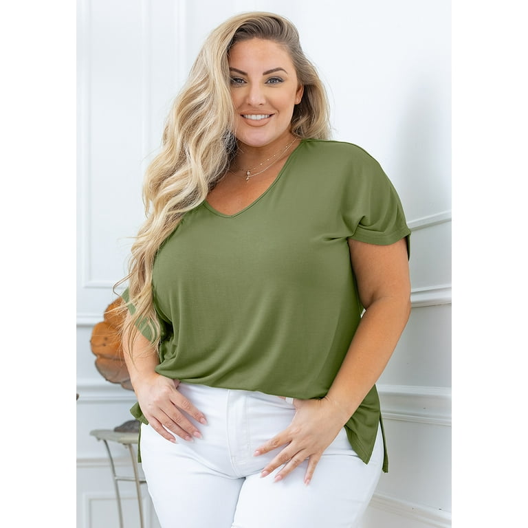 SHOWMALL Women Plus Size Tops Short Sleeve Tunic Side Slit Shirt Summer  V-Neck Blouse Army Green 2X Tops