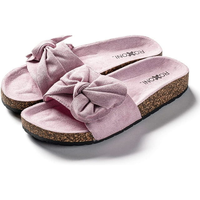 Roxoni Women Comfort Sandals Ribbon Bow Top EVA Flat Slides Footbed Suede with Arch Support Non-Slip
