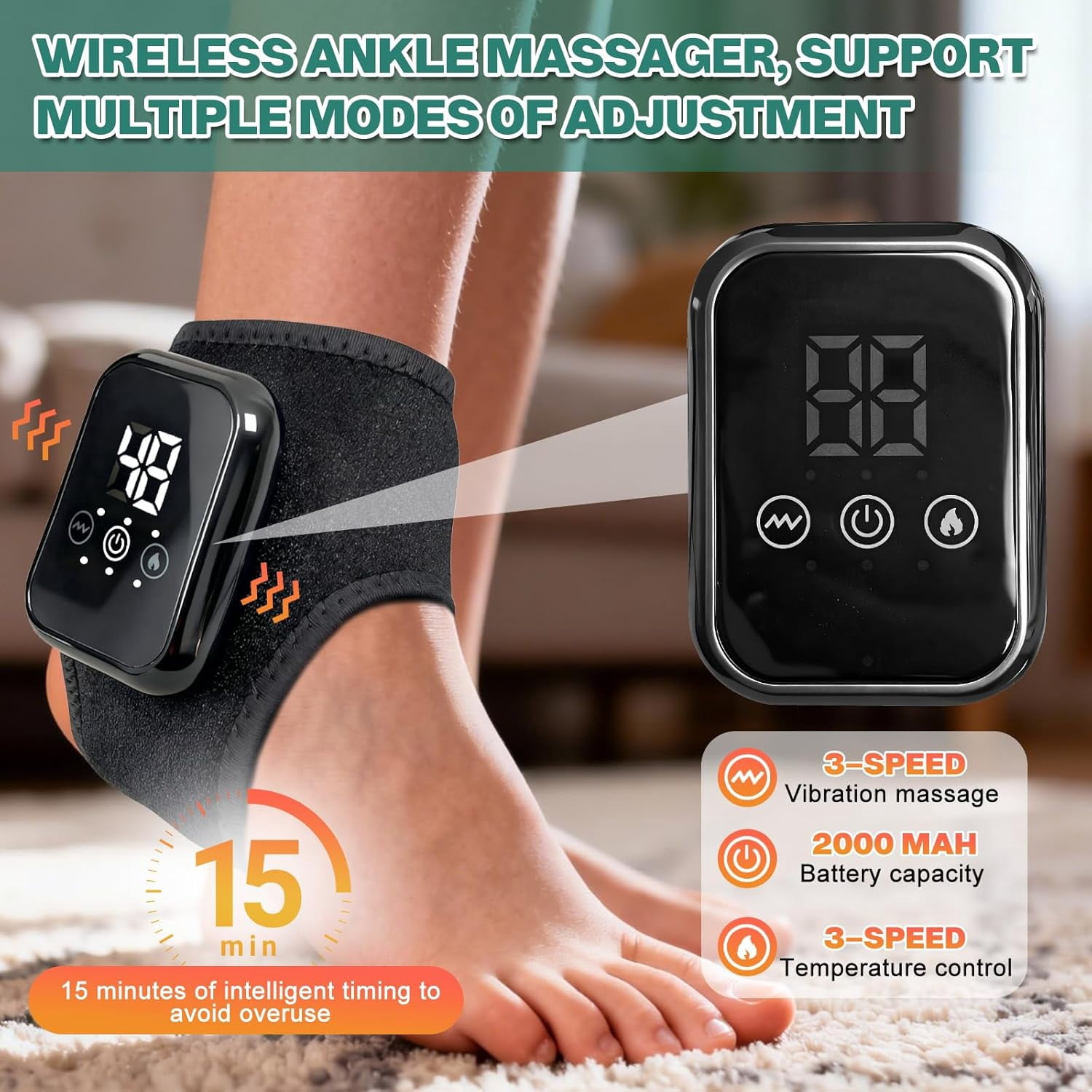 ABCISI Foot Massager - Portable Foot and Ankle Massager with Heat with 3 Vibration Modes 3 Heat Levels Plantar Fasciitis, Travel Home Use (Black)