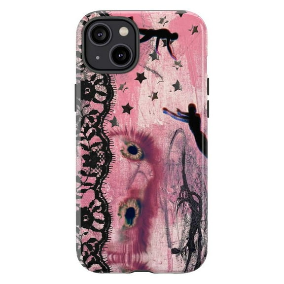 Surreal Pink Dream Phone Case, Abstract Eyes and Stars Art iPhone Cover with Lace Detail for iPhone 17 16 15 14 13 12 11 Pro Max Plus Mini