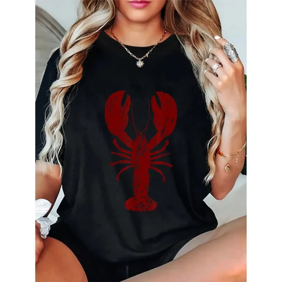 Trendy Distressed Red Lobster Graphic Tee for Women, Casual Short Sleeve Summer Ocean Beach Top