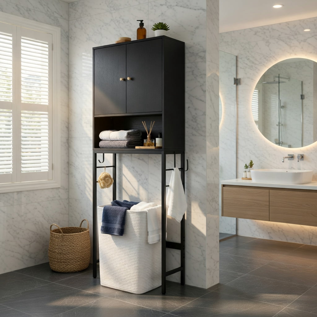 Hommoo Over the Toilet Storage Cabinet with Adjustable Shelf, 2-Door Bathroom Organizer, Black