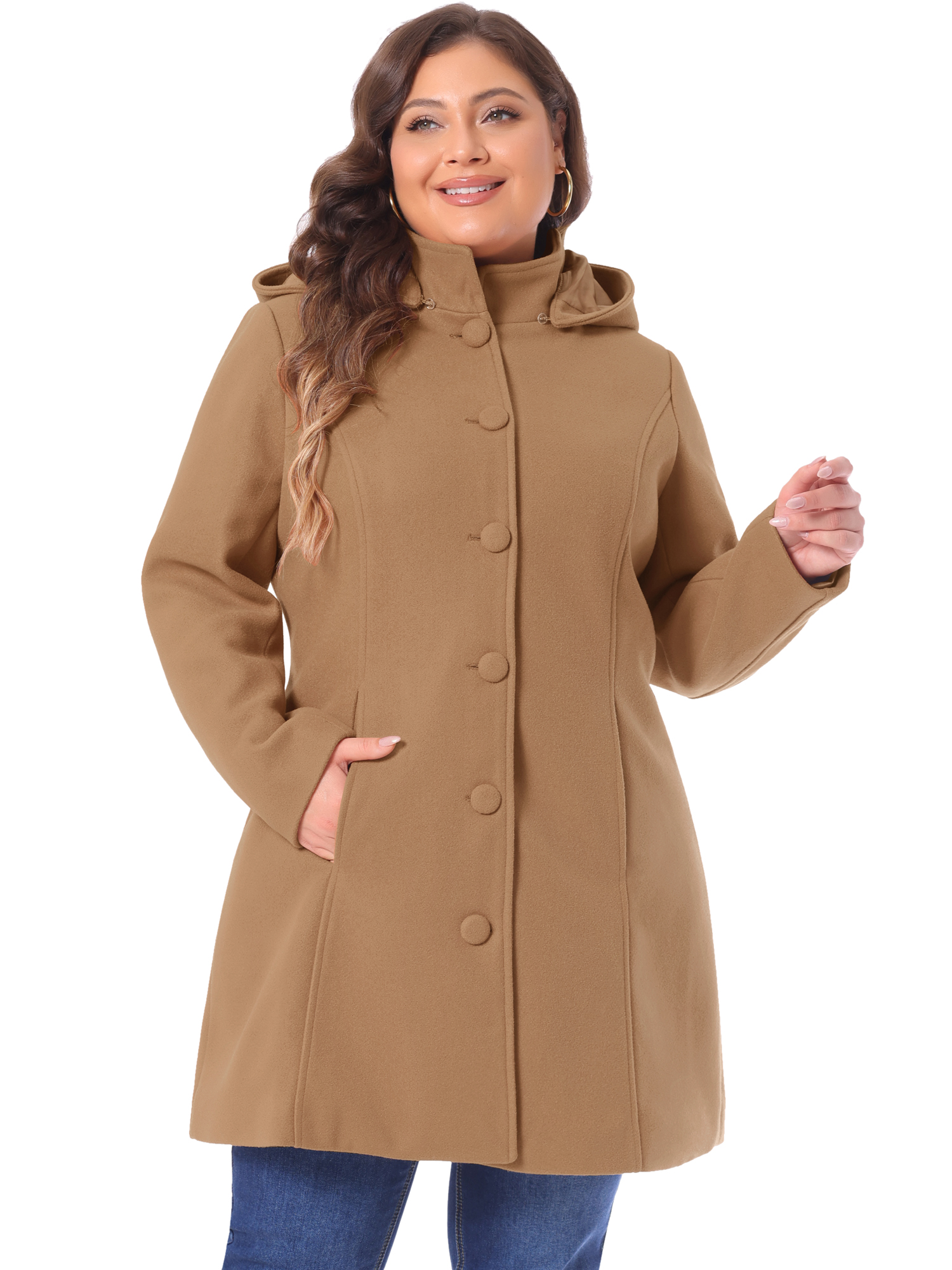 DARING DIVA Women's Plus Size Single Breasted Detachable Hooded Overcoat 1X Camel
